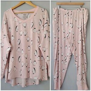 Joy Spun 2 Piece Pink Long Sleeve Penguins Joggers Pajama Set Womens 3X